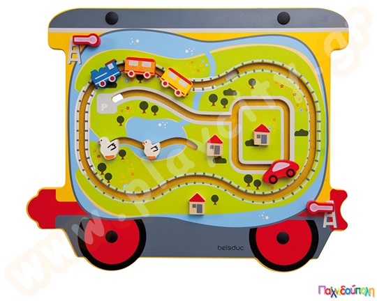 Παιχνίδι τοίχου με διαδρομή για αυτοκίνητο, τρένο και πάπιες, ιδανικό για την εξάσκηση λεπτής κινητικότητας των παιδιών.