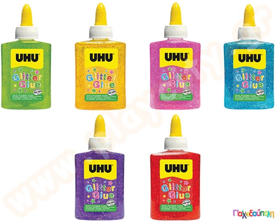 UHU Glitter Glue σε μπουκαλάκι 90 γραμμαρίων, χρυσόκολλα διαθέσιμη σε 6 διαφορετικά χρώματα:πράσινο, κίτρινο, ροζ, γαλάζιο, μωβ και κόκκινο.