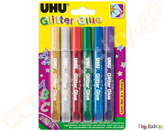 Σετ κόλλες UHU Glitter Glue Original 6x10ml, 6 πολύχρωμες χρυσόκολλες σε σωληνάρια ιδανικές για χειροτεχνίες.
