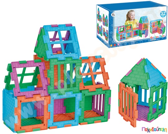 Παιδικό οικοδομικό υλικό Poly Genius 32 τεμαχίων, ιδανικό για την κατασκευή σπιτιών, σε διάφορα χρώματα.