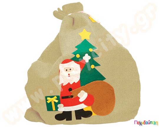 Χριστουγεννιάτικος σάκος του Άγιου Βασίλη, από λινάτσα, με όμορφο σχέδιο ποτ φτάνει ως τον γοφό ενός μέσου ανθρώπου.
