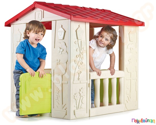 Χαρούμενο παιδικό σπιτάκι με δύο εισόδους και πόρτα. Περιλαμβάνει λαβή, υποδοχή για το κλειδί και το γραμματοκιβώτιο.