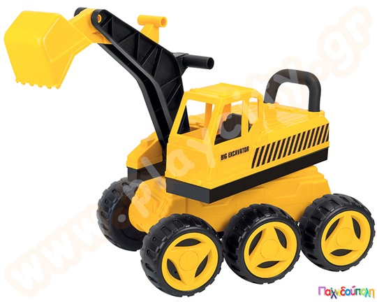 Μεγάλο παιδικό όχημα, εκσκαφέας, σε κίτρινο χρώμα. Τα παιδιά μπορούν να το χρησιμοποιήσουν  και να κάνουν ανασκαφές .
