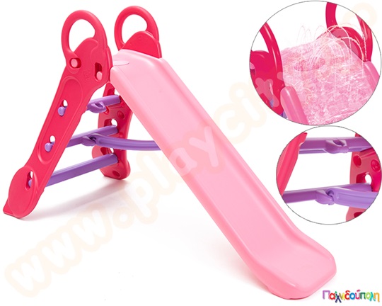 Μεγάλη πλαστική τσουλήθρα Maxi Slide, σε ροζ χρώμα, της Grow n Up, με μεγάλα σκαλοπάτια και χειρολαβές για ασφάλεια και ευκολία.