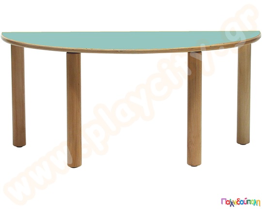 Ξύλινο παιδικό τραπέζι ημικυκλικό, σε θαλασσί χρώμα, πιστοποιημένο για χρήση σε χώρους με παιδιά.