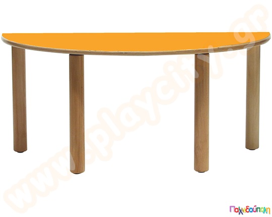 Ξύλινο παιδικό τραπέζι ημικυκλικό , σε πορτοκαλί χρώμα, πιστοποιημένο για χρήση σε χώρους με παιδιά.