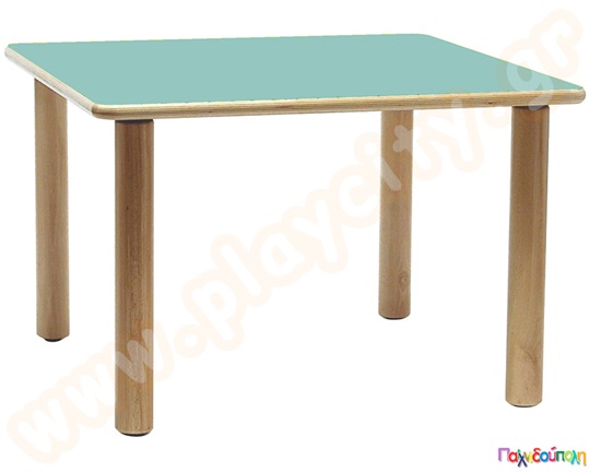 Ξύλινο παιδικό τραπέζι τετράγωνο, σε θαλασσί χρώμα, πιστοποιημένο για χρήση σε χώρους με παιδιά.