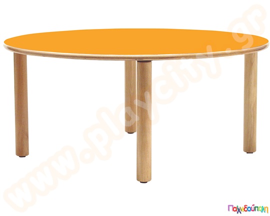 Ξύλινο παιδικό τραπέζι κυκλικό, σε πορτοκαλί χρώμα, πιστοποιημένο για χρήση σε χώρους με παιδιά.