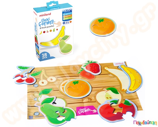 6 διαφορετικά Φρούτα παζλ, από εύκαμπτο υλικό κατάλληλο για παιδιά με ειδικές ανάγκες, από την Miniland.