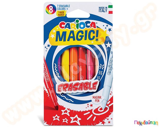 Μαρκαδόροι παιδικοί Magic Erasable CARIOCA σετ 8 τεμαχίων, με τον λευκό να σβήνει τους υπόλοιπους.