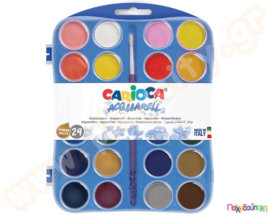 Νεροχρώματα ζωγραφικής CARIOCA σε πλαστική παλέτα με καπάκι 24 τεμαχίων και πινέλο, χωρίς τοξικά, υψηλής ποιότητας.