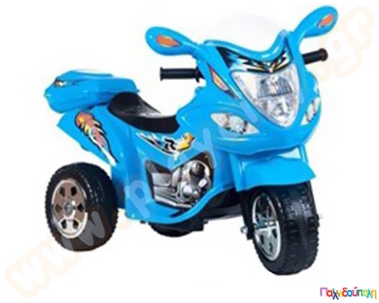 Παιδική μηχανοκίνητη μοτοσυκλέτα, με μπαταρία 6V, σε γαλάζιο χρώμα, με τηλεχειρισμό, ήχους, και φώτα.