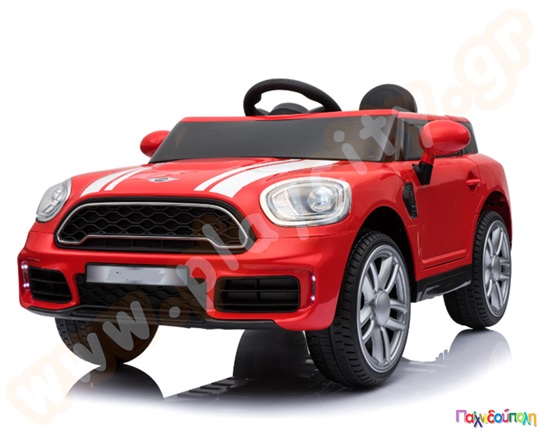 Μηχανοκίνητο αυτοκίνητο τύπου Mini Cooper κόκκινο, με μπαταρία 12V. Διαθέτει 2 μοτέρ, 3 ταχύτητες, φώτα και mp3.