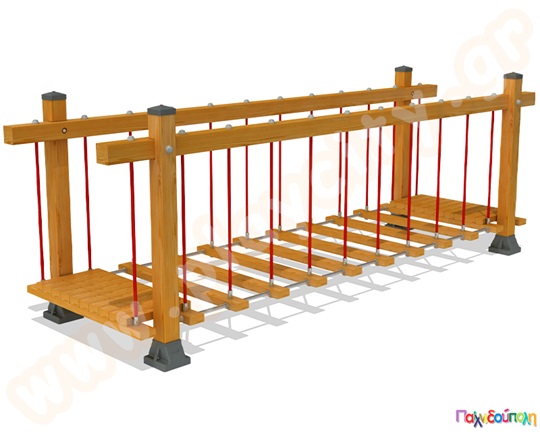 Πιστοποιημένη ξύλινη γέφυρα ισορροπίας για παιδιά, ιδανική για χρήση σε δημόσιες παιδικές χαρές και πάρκα.