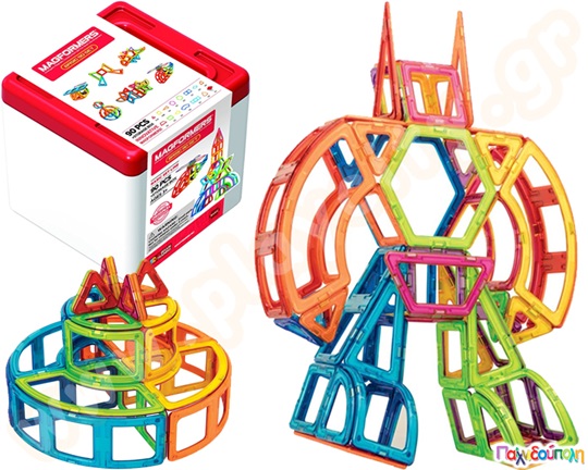 Κατασκευαστικό παιχνίδι με μαγνήτες που αποτελείται από 90 κομμάτια σε διάφορα γεωμετρικά σχήματα, ιδανικά για νηπιαγωγείο.