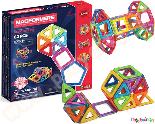 Κατασκευαστικό παιχνίδι με μαγνήτες που αποτελείται από 30 τετράγωνα, 12 πεντάγωνα και 20 τρίγωνα κομμάτια.
