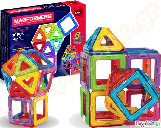 Κατασκευαστικό παιχνίδι με μαγνήτες που αποτελείται από 18 τετράγωνα και 12 τρίγωνα κομμάτια σε όμορφα χρώματα.