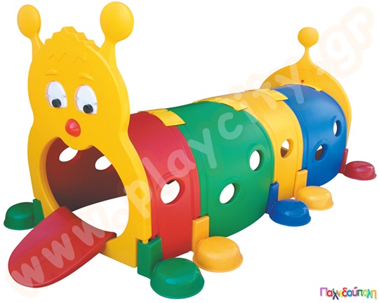 Πλαστικό τούνελ παιχνιδιού Χαρούμενη Κάμπια, ανθεκτική κατασκευή, σε διαφορετικά χρώματα το κάθε τμήμα και τρύπες για αναρρίχηση.