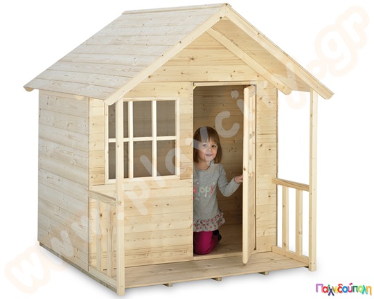 Πολύ όμορφο ξύλινο παιδικό σπιτάκι με ξύλινο πάτωμα για ατέλειωτο παιχνίδι μέσα ή έξω στην αυλή.