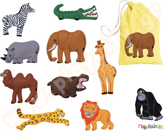 Σετ 10 άγρια ζώα σε μορφή φιγούρας, κατασκευασμένα από τσόχα, σε βαμβακερή τσάντα αποθήκευσης.