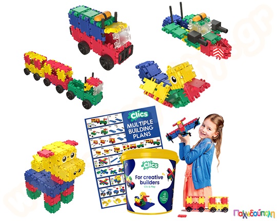 Παιδικό παιχνίδι κατασκευής, με 122 χρωματιστά τουβλάκια και 38 αξεσουάρ, σε κουβά, ιδανικά για νήπια.