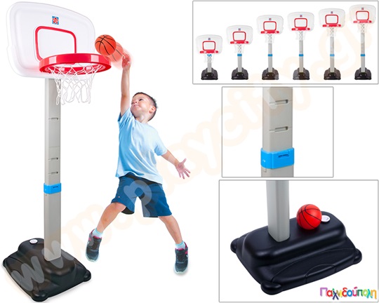 Πλαστική μπασκέτα της Grow n Up, με ρυθμιζόμενο ύψος, σταθερή βάση και μπάλα.