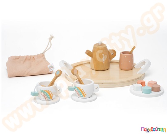 Ξύλινο σετ τσαγιού με πουγκί που περιλαμβάνει 2 πιάτα, 5 κέικ, πιάτο, 2 φλιτζάνια, 2 κουτάλια, από την Plan Toys.