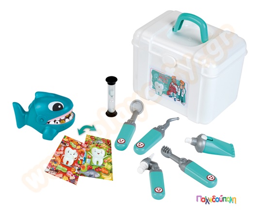 Παιδικό παιχνίδι, βαλιτσάκι οδοντιάτρου σε πλαστικό κουτί, με πολλά ιατρικά εργαλεία και έναν καρχαρία με μεγάλα δόντια.