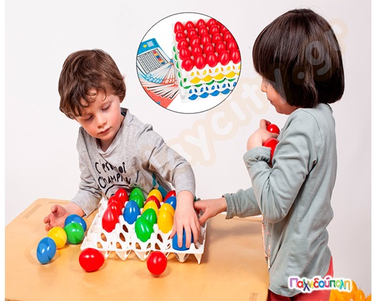 Παιχνίδι λογικής με αυγά που αποτελείτε από 4 πλαστικές αυγοθήκες, 120 αυγά σε 4 χρώματα και οδηγίες.