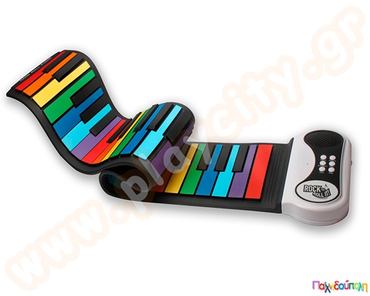 Ηλεκτρονικό πιάνο με χρώματα του ουράνιου τόξου, το οποίο τυλίγεται σε ρολό για εύκολη μεταφορά.