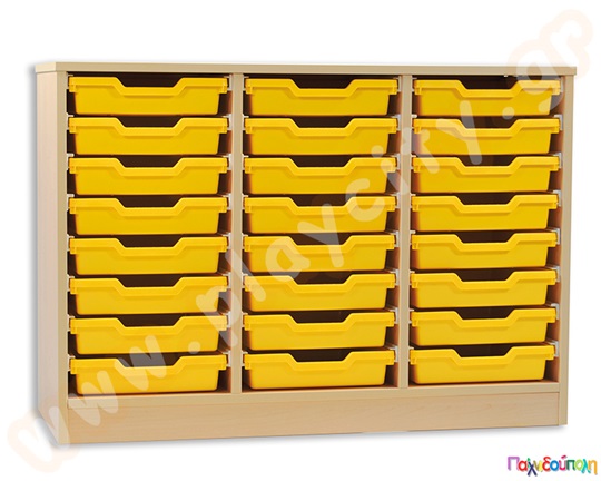 Ξύλινη συρταριέρα σε λευκό χρώμα με 24 συρτάρια, πιστοποιημένη, ιδανική για νηπιαγωγεία και παιδικούς σταθμούς.