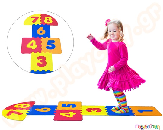 Αφρώδες πλάκες eva, πολύχρωμες με νούμερα πάνω ιδανικές για να παίξουν κουτσό τα παιδιά.