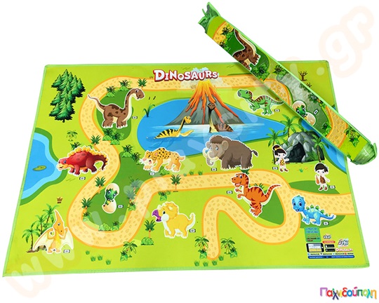 Παιδικό χαλάκι για το παιδικό δωμάτιο που απεικονίζει δεινοσαυράκια σε όμορφα χρώματα και το οποίο τυλίγεται σε ρολό.