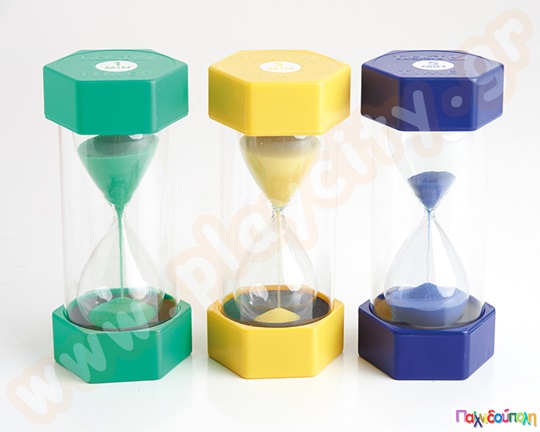 Σετ 3 μεγάλες κλεψύδρες σε διαφορετικά χρώματα, με διαφορετική διάρκεια η κάθε μια, 1, 3, και 5 λεπτά.