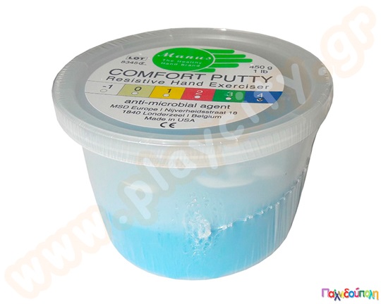 Θεραπευτική πλαστελίνη εργοθεραπείας, σε πλαστικό βάζο 450 γραμμαρίων, πολύ σκληρής αντίστασης, με γαλάζιο χρώμα.