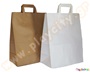 Χάρτινη σακούλα με χερούλι, σε καφέ και λευκό χρώμα, διαθέσιμη σε διάφορες διαστάσεις.