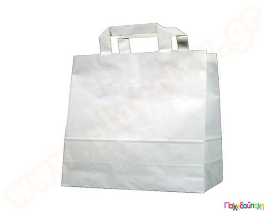 Χάρτινη σακούλα με χερούλι, σε καφέ και λευκό χρώμα, διαθέσιμη σε διάφορες διαστάσεις.