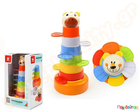 Παιδικό παιχνίδι στοίβαξης με χρωματιστές κούπες οπού στην κορυφή του πύργου υπάρχει ένα ζωάκι.