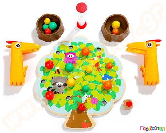 Ξύλινο εκπαιδευτικό παιχνίδι, τα παιδιά μαζεύουν τα χρωματιστά μήλα από το δέντρο.