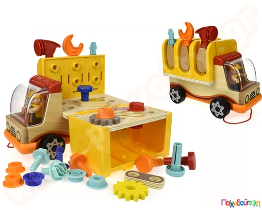Φορτηγάκι που γίνεται πάγκος μηχανικού με μία κίνηση. Ιδανικό εκπαιδευτικό παιχνίδι για παιδιά 3 ετών+.