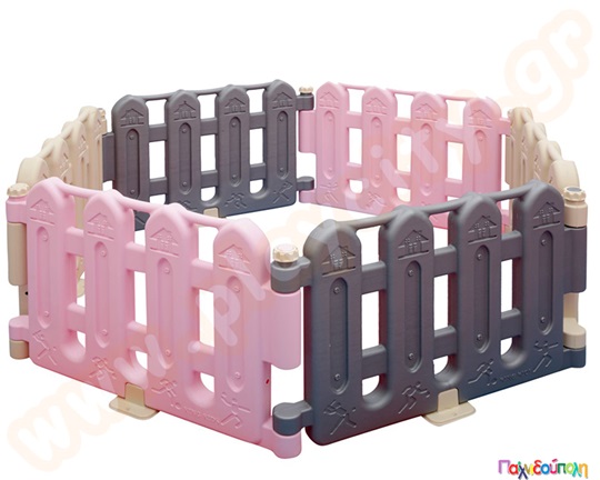 Πολύχρωμος πλαστικός φράχτης οριοθέτησης χώρου παιχνιδιού, με απαλό ροζ, γκρι και μπεζ χρώμα.