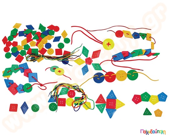 Σετ 96 γεωμετρικά σχήματα με διαφορετικά χρώματα και τρυπούλες ιδανικές για να ενωθούν με κορδόνια