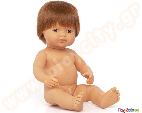 Παιδική πλαστική κούκλα μωρού, αγοράκι λευκό με κόκκινα μαλλιά, ύψος κούκλας 38 εκατοστά, από την Miniland.