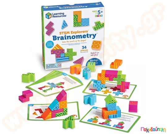 Εκπαιδευτικό παιχνίδι STEM Τουβλάκια με διαφορετικά σχήματα και μοτίβα Brainometry Σετ 34 τεμαχίων