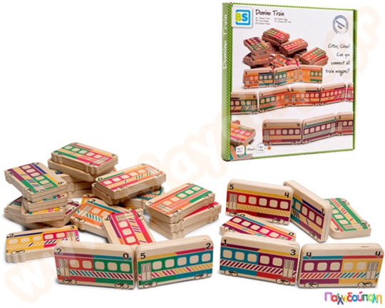 Τρενάκια ντόμινο που αποτελείτε από 28 ξύλινα βαγόνια με διαφορετικά χρώματα και αριθμούς.