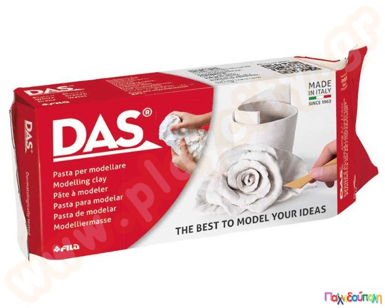 Πηλός χειροτεχνίας DAS σε λευκό χρώμα σε συσκευασία των 1000 γραμμαρίων, ιδανικός για καλούπια και γλυπτική.